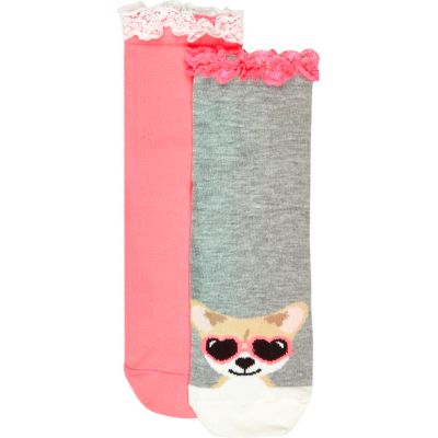 Girls pink dog frilly socks pack